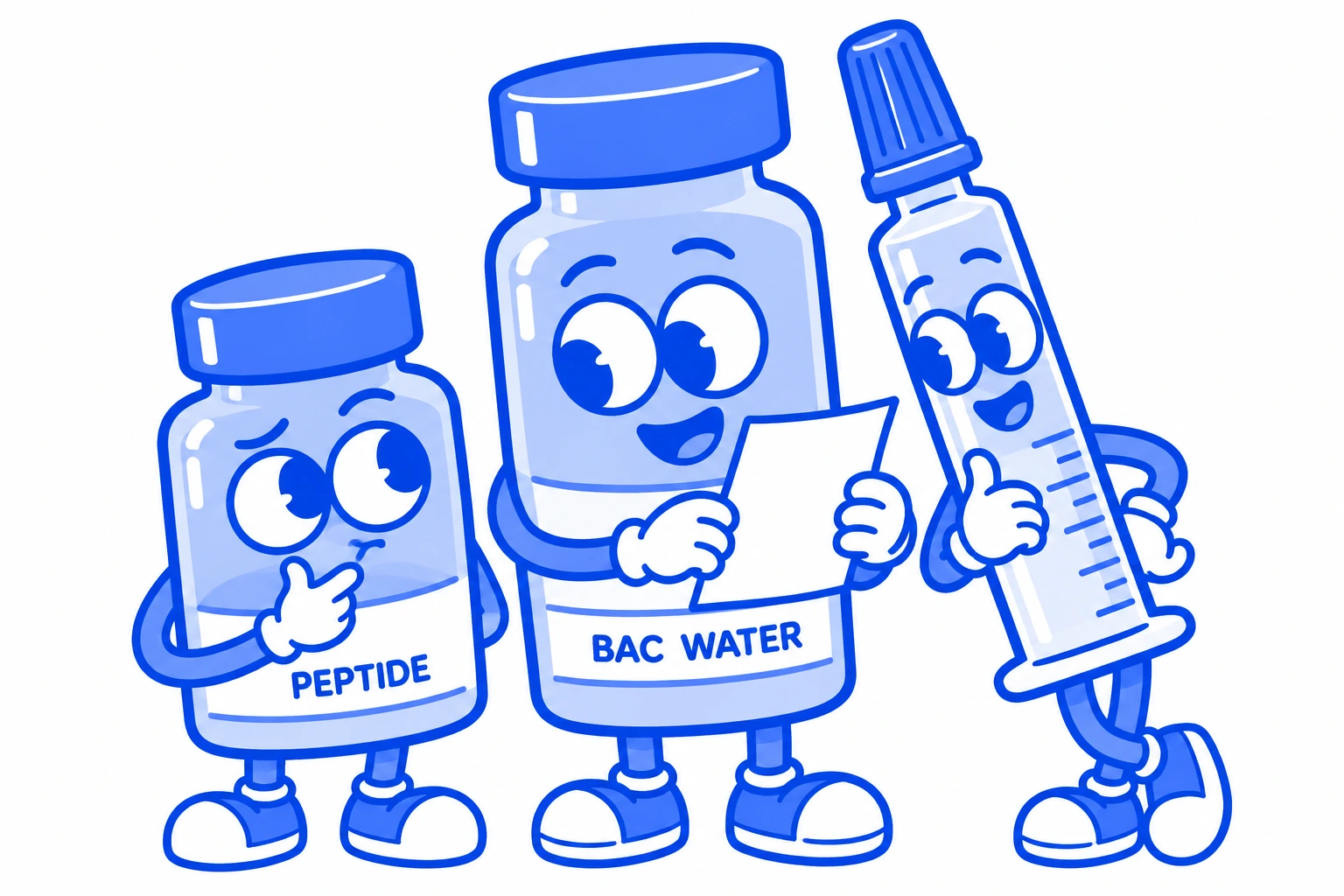 Playful blue cartoon peptide vial, BAC water vial, and capped syringe characters discussing research